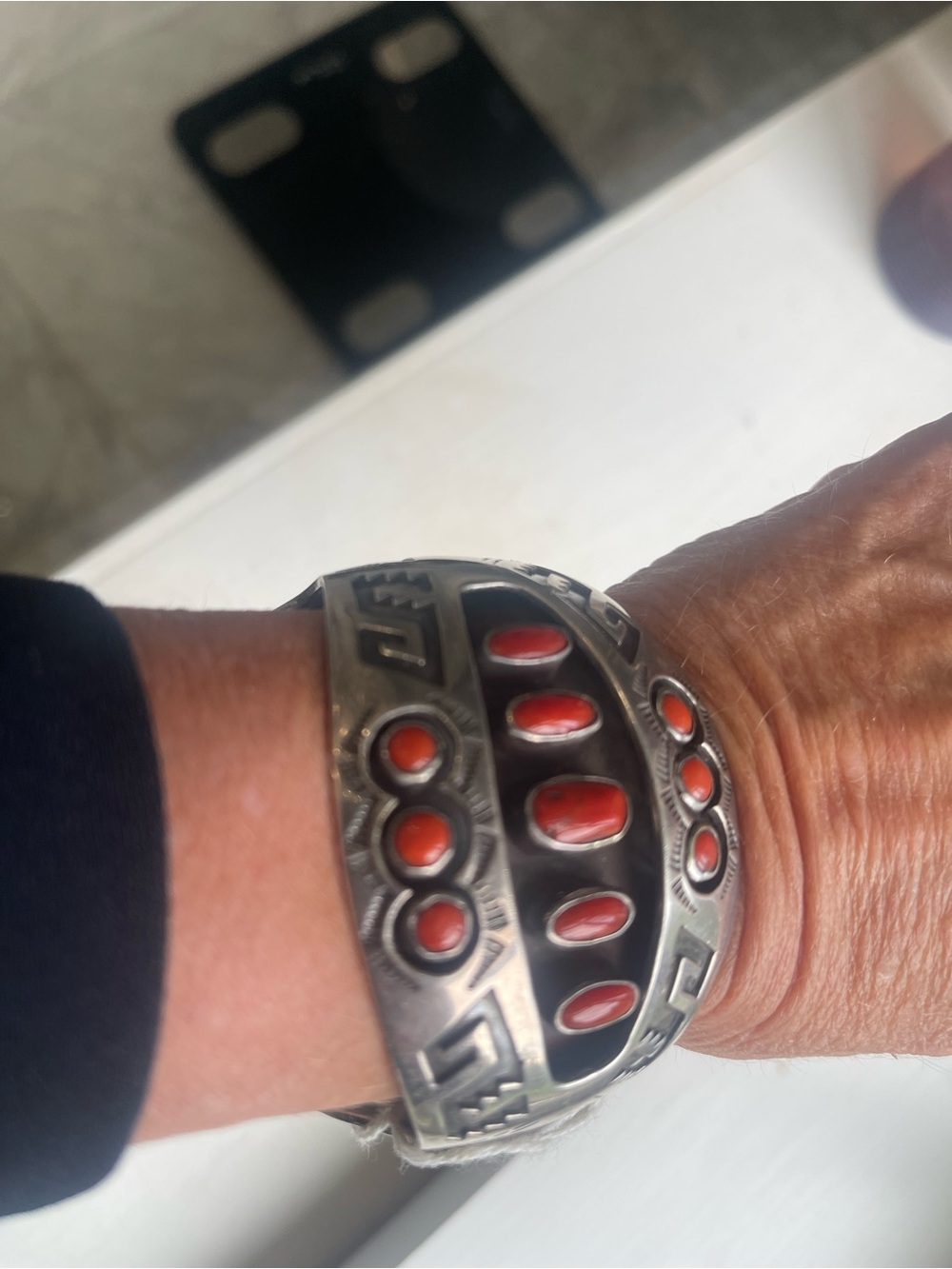 Native American Sterling Silver Bracelet with Red Coral  by artist R Begay